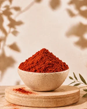 Malta saldā kūpinātā paprika bēšā keramikas bļodiņā uz koka paliktņa.