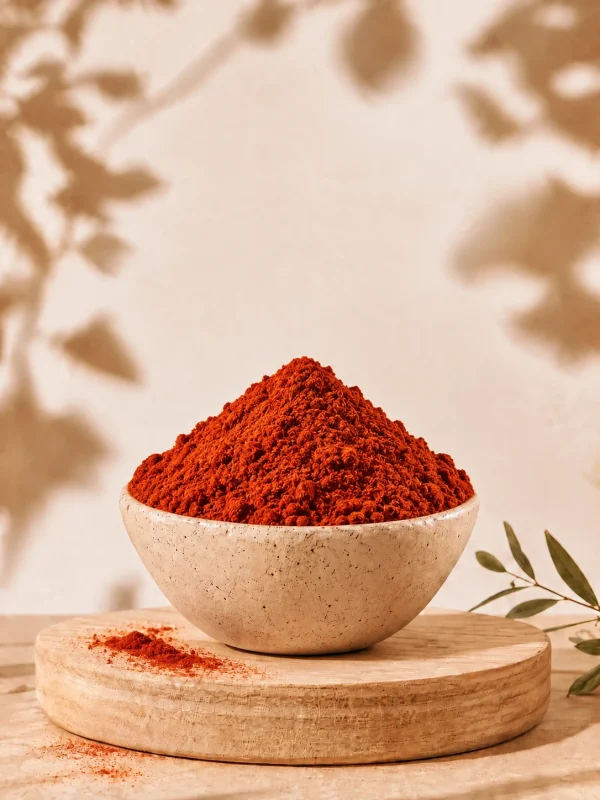 Malta saldā kūpinātā paprika bēšā keramikas bļodiņā uz koka paliktņa.